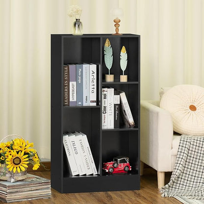 YAHARBO 5 Cube Black Bookshelf,Small Modern Horizontal Bookcase,Wood Floor Standing Low Bookshelves Display Storage Cabinet with Base, Short Book Shelf Open Organizer for Bedroom,Living Room,Office