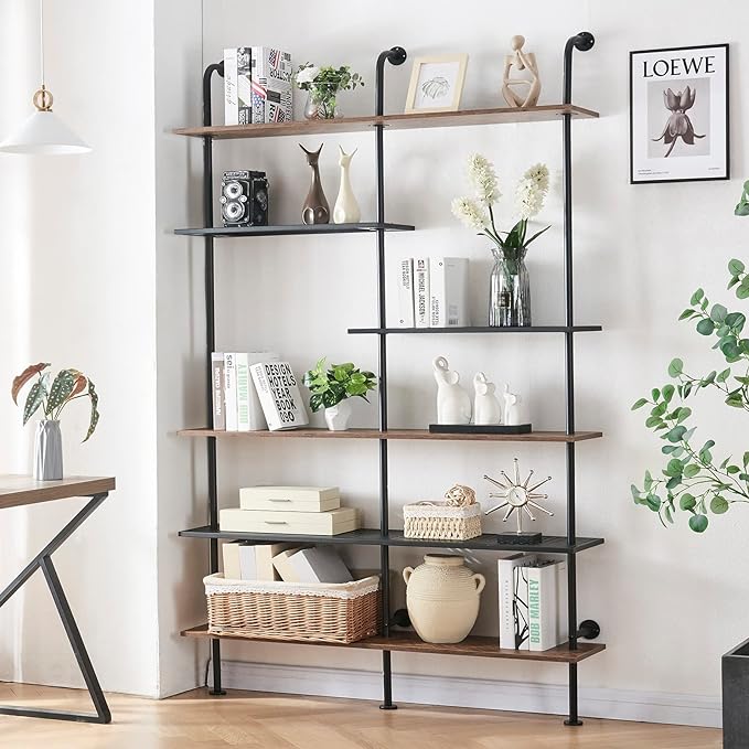 HOMISSUE Industrial Bookshelf 6-Tier Open Wall Mount Ladder Bookshelf, Modern Bookcase with Metal Frame and Wood Style for Home Office, Wall Mounted industrial Iron Pipe Shelf, Brown