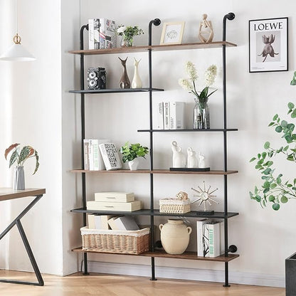 HOMISSUE Industrial Bookshelf 6-Tier Open Wall Mount Ladder Bookshelf, Modern Bookcase with Metal Frame and Wood Style for Home Office, Wall Mounted industrial Iron Pipe Shelf, Brown