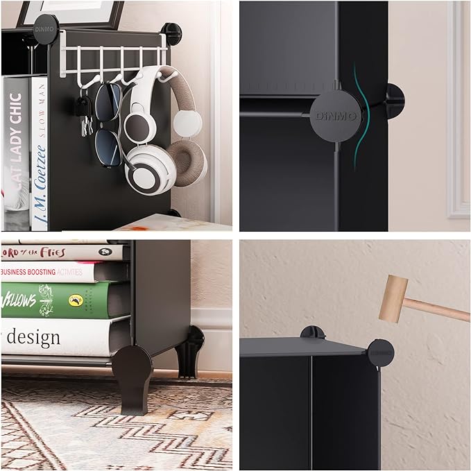 6 Cubes Storage Organizer, Bookcase, Display Shelf with Wooden Mallet, Cabinet Storage for Kids, Adult, Office, Bedroom, Bathroom, Black