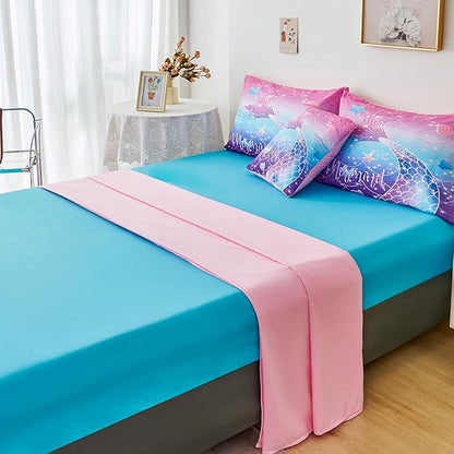 URBONUR 6Pcs Twin Bedding Set for Girls Gradient Purple Blue Mermaid Printed Comforter Set for Twin Bed, Teen Girls Comforter with Sheet Set - Bed in a Bag, Soft and Easy Care Bed Set