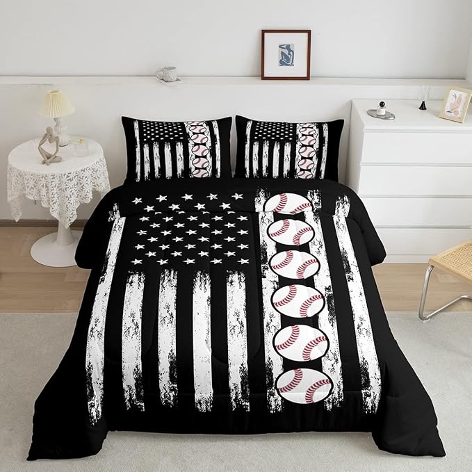 Feelyou Baseball Comforter American Flag Comforter Set Kids Boys Baseball Sports Games Bedding Set Children Girls Teens Black and White Ball Microfiber Quilt Set Room Decor for All Season Twin Size