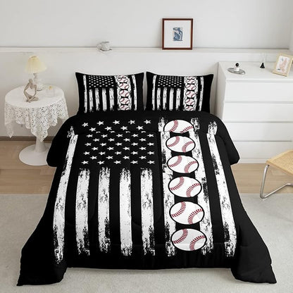 Feelyou Baseball Comforter American Flag Comforter Set Kids Boys Baseball Sports Games Bedding Set Girls Teens Black White Ball Quilt Room Decor for All Season King Size Boys