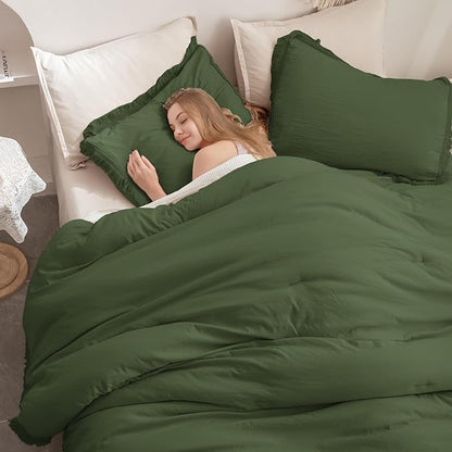Andency Olive Green Comforter Set California King, 3 Pieces Boho Tassel Lightweight Bedding Comforter Sets, All Season Soft Fluffy Fringe Bed Set (104x96In Comforter & 2 Pillowcases)