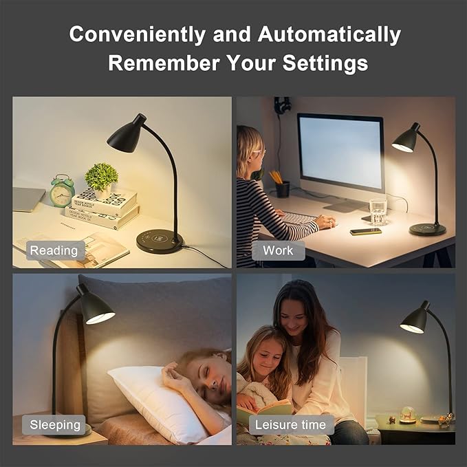 Desk Lamp with Wireless Charger, 12W 1000LM Touch Dimmable Reading Lamp with USB Charging Port, 5 Colors 6 Brightness Eye Care Bedside Table Lamp Gooseneck Desk Light for Home Office
