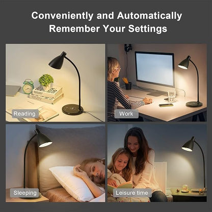 Desk Lamp with Wireless Charger, 12W 1000LM Touch Dimmable Reading Lamp with USB Charging Port, 5 Colors 6 Brightness Eye Care Bedside Table Lamp Gooseneck Desk Light for Home Office