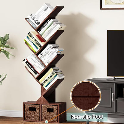 Vagusicc 6 Tier Tree Bookshelf - Retro Shelf Floor Standing Bookcase with Baskets, Tall Wood Book Storage Rack for Books/CDs, Tree Utility Book Organizer Shelves for Living Room, Home Office, Bedroom