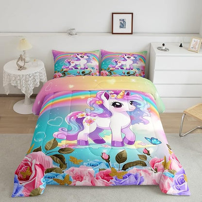 Cartoon Unicorn Kids Comforter Set Full Size,Roses Flowers Butterfly Princess Bedding Set,Girls Women Room Decor,Rainbow Unicorn Cute Down Comforter,Pink Blue Romantic Duvet Insert,2 Pillowcases
