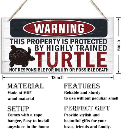Funny Warning Signs, The Property is Protected By Highly Trained Turtle Sign, Decorative Wood Hanging Wood Plaque, House Door Sign, Farmhouse Wall Decor for Home Office, Indoor/Outdoor Use