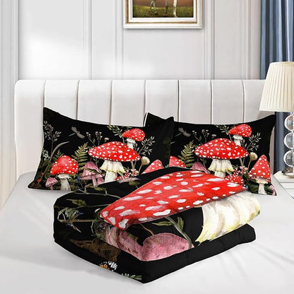 Red Mushroom Kawaii Comforter Set Queen Size Kids Mushroom Dragonfly Bedding Set Botanical Plant Theme Print Quilt Bed Set for Boys Girls Adults with 1 Comforter and 2 Pillowcases