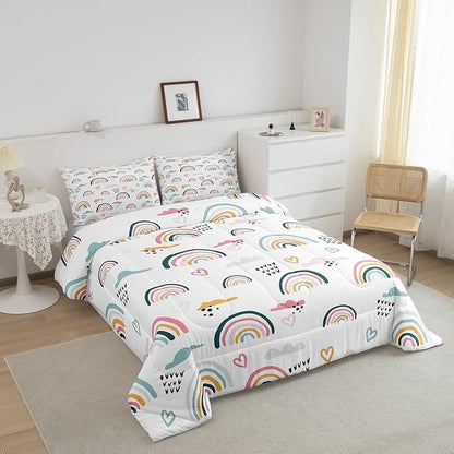 Erosebridal Rainbow Bedding Set for Kids Girls, Pink Love Heart Comforter Set Queen Size Cartoon Cloud Geometric Stripes Bedding Comforter for Boys Children Women Watercolor Art Girly Duvet Sets