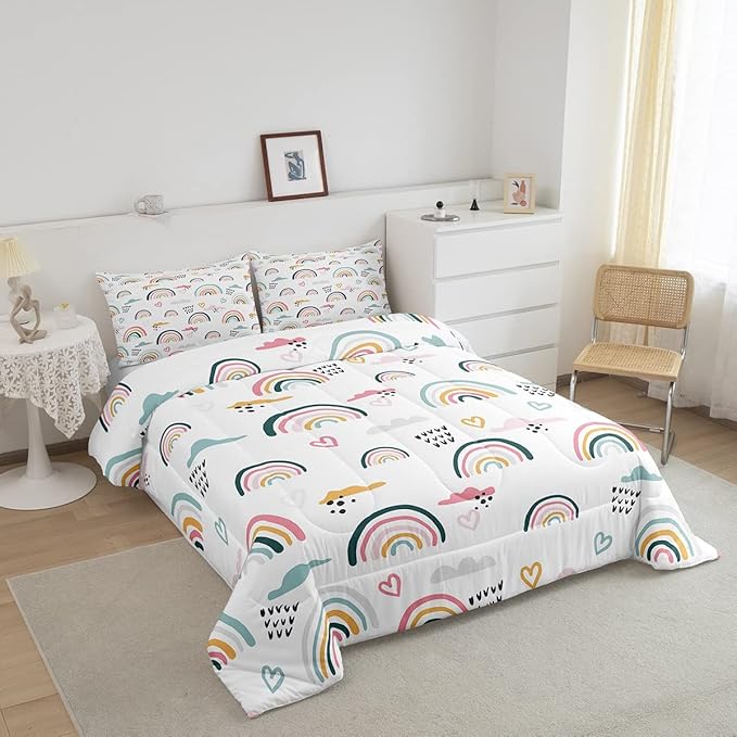 Erosebridal Rainbow Bedding Set for Kids Girls, Pink Love Heart Comforter Set King Size Cartoon Cloud Geometric Stripes Bedding Comforter for Boys Children Women Watercolor Art Girly Duvet Sets