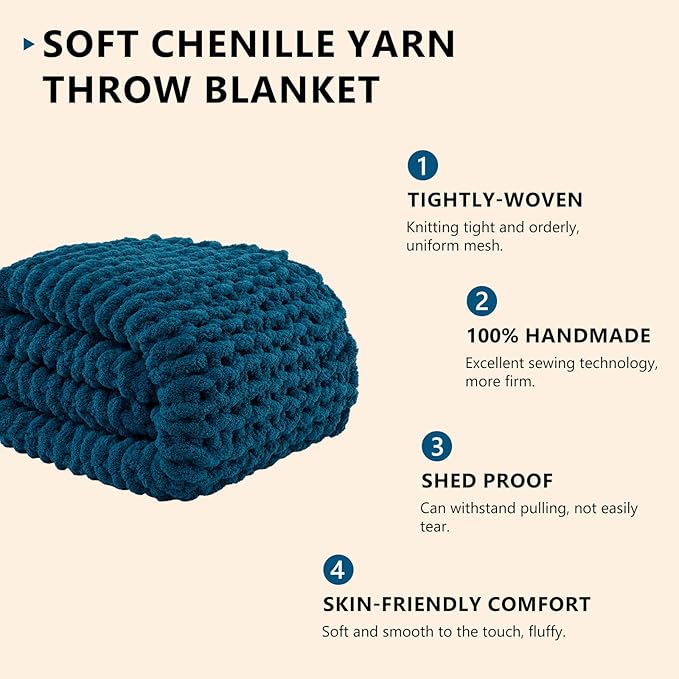 L'AGRATY Chunky Knit Blanket Throw: 50''x60'' Chenille Chunky Knitted Throw Blanket for Bed Couch - Handmade Thick Big Cable Knit Blanket - Large Crochet Rope Blanket for Home Decor(Blue)