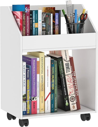 2-Tier Mobile Bookshelf, White Bookcase with Wheels, Rolling File Holder Desk File Book Organizer for Home Office Living Room School