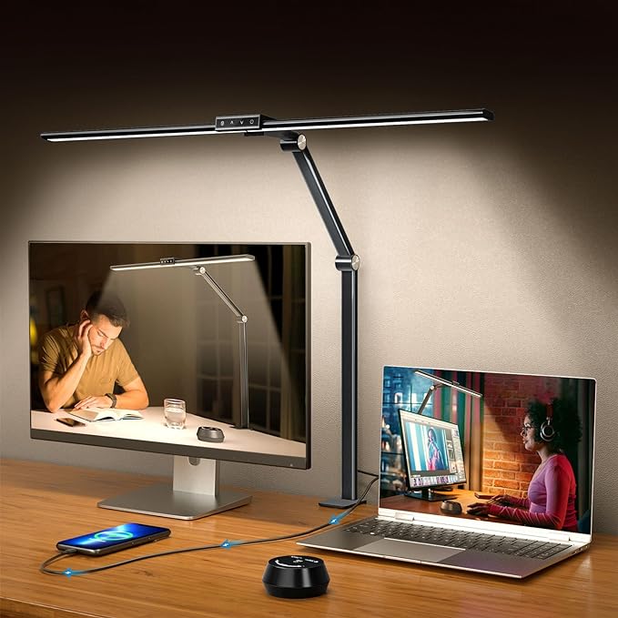 LED Desk Lamp with Clamp for Home Office, 24W Ultra Bright 7 Stepless Dimming/5 Color Modes/Timer, Architect Modern Table Lamp with Touch and Remote Control USB Charging Port for Study Reading