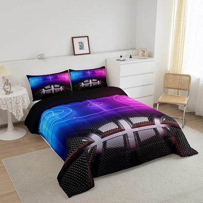 Erosebridal Sports Basketball Comforter Set for Boys Girls Neon Basketball Court Bedding Set King,Kids Ball Competitive Games Comforter Soft Lightweight Quilt Duvet Set 2 Pillow Cases Bedroom Decor