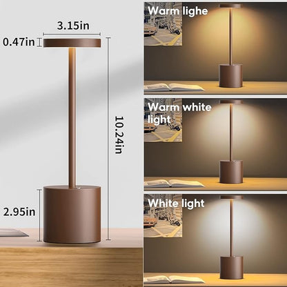 Cordless Table Lamp Rechargeable, 10.25in Portable Battery Operated Powered Desk Lamps 3 Colors Stepless Dimmable Night Lights for Outdoor Dining Restaurant Bar Garden Patio Living Room-Moka