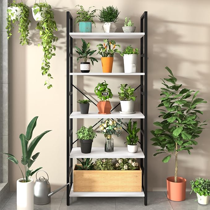 Yoobure 5 Tier Bookshelf - Tall Book Shelf Modern Bookcase for CDs/Movies/Books, Rustic Book Case Industrial Bookshelves Book Storage Organizer for Bedroom Home Office Living Room White