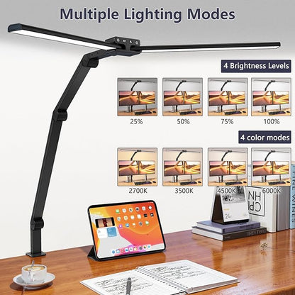 KableRika Desk Lamp,Double Head Desk Lamp with Clamp,24W Led Desk Lights for Home Office Ultra Bright Architect Table Lamp 4 Brightness 4 Color,Auto Dimming Task Lamp for Monitor Work Study