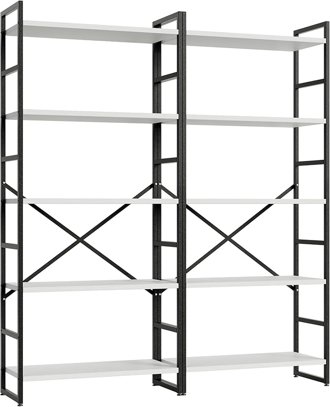 Shintenchi 2 Pieces 5 Tiers Bookshelf, Classically Tall Bookcase Shelf, Industrial Book Rack, Modern Book Holder in Bedroom/Living Room/Home/Office, Storage Rack Shelves for Books/Movies-White