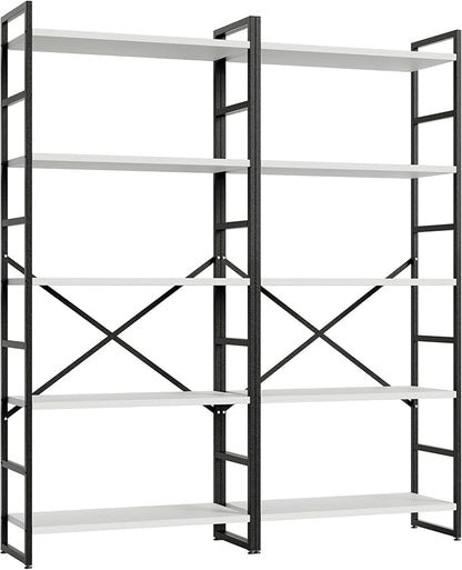 Shintenchi 2 Pieces 5 Tiers Bookshelf, Classically Tall Bookcase Shelf, Industrial Book Rack, Modern Book Holder in Bedroom/Living Room/Home/Office, Storage Rack Shelves for Books/Movies-White