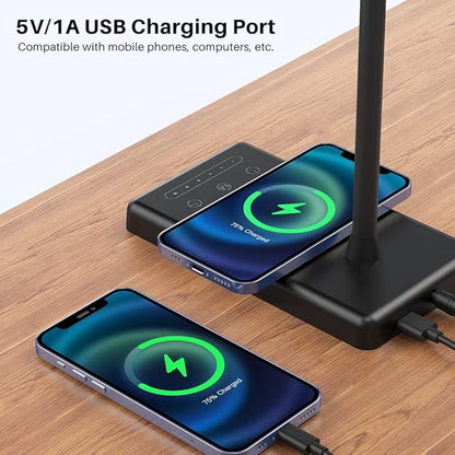 LED Desk Lamp, Touch Adjustable Table Lamp with 10W Wireless Charging 5 Modes and 6 Brightness Levels Eye Protection Reading Light 48 LED Memory Function Home Office Desk Light Black