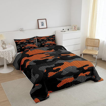 Erosebridal Army Camouflage Comforter Set Queen Size Teens Adult Camo Bedding Set for Kids Boys Girls Colorful Pattern Decor Down Comforter Orange Black Grey Duvet Set Geometric Pattern Quilt Set