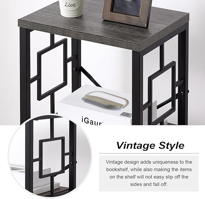 Small Bookshelf, 3 Tier Vintage Industrial Small Bookshelf for Small Spaces, Freestanding Open Shelf Bookcase, Versatile Bookshelf for Home Office, Bedroom & Living Room, Grey