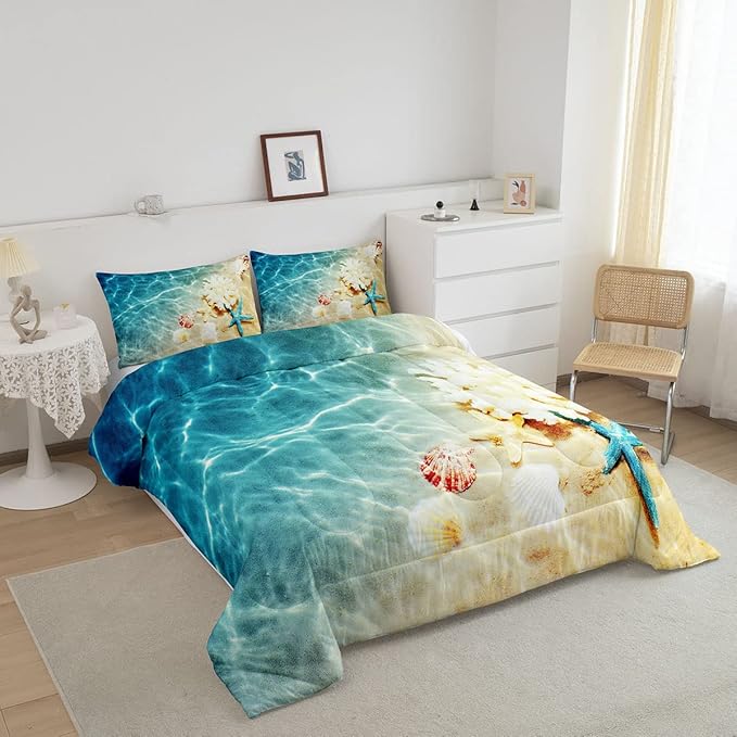 Ocean Comforter Set Full Beach Bedding Set Coastal Nature Theme Pattern Teal Duvet Set Boys Girls Hawaiian Quilt Sets Sea Wave Animals Starfish Reversible Comforter Set 2 Pillowcases, Blue Room Decor
