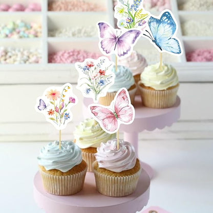 40 Pcs Wildflower & Butterflies Cupcake Toppers - 8 Styles, 5 Pcs Each - Non-Edible Cake Toppers for Wedding, Birthday, Party Decorations