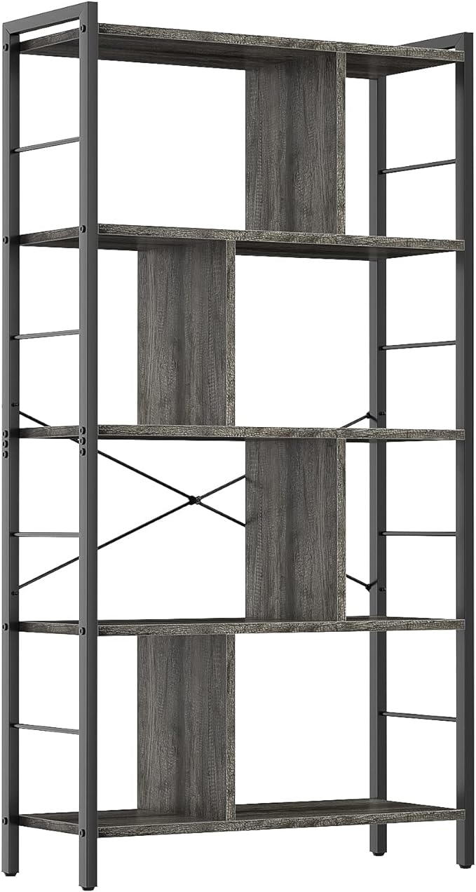 armocity Bookshelf, 5 Tier Tall Modern Bookcase Wood Metal Frame Standing Book Shelf, Display Bookshelves Storage Organizer for Bedroom Living Room Home Office, Grey