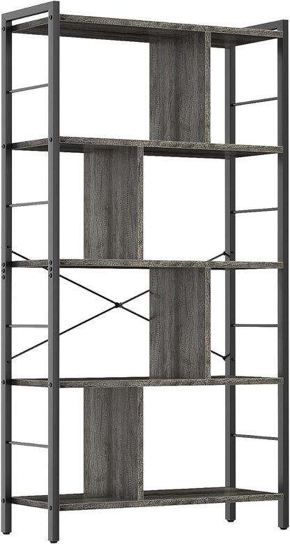 armocity Bookshelf, 5 Tier Tall Modern Bookcase Wood Metal Frame Standing Book Shelf, Display Bookshelves Storage Organizer for Bedroom Living Room Home Office, Grey