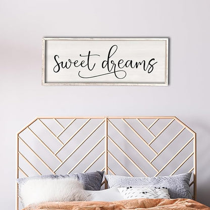 comurdyo Sweet Dreams Wall Decor Above Bed Sign 32" x 12" Master Bedroom Wooden Antique Framed Large Rustic Farmhouse Guest Room Beautiful Simple Hanging Plaque Over Bed Wall Art (White)