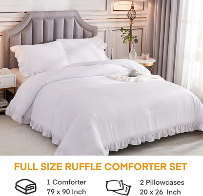 Andency White Comforter Full Size, 3 Pieces Solid Farmhouse Shabby Chic Ruffle Bedding Sets, All Season Soft Lightweight Comfy Down Alternative Bed Set for Girls Teens Men Women