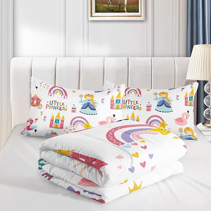 Datura home Girls Bedding Comforter Set Little Princess and Rainbow Castle Printed Pattern Quilt Bedding Set with 1 Comforter and 2 Pillowcases for Girls Bedroom All Season(Princess Full)80x90in