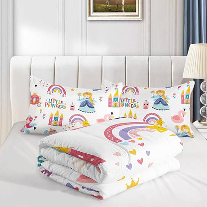 Datura home Girls Bedding Comforter Set Little Princess and Rainbow Castle Printed Pattern Quilt Bedding Set with 1 Comforter and 2 Pillowcases for Girls Bedroom All Season(Princess Full)80x90in