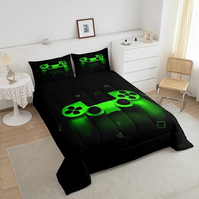 Gamer Comforter Set For Boys Twin,Gaming Bedding Comforters For Kids Teens Men Game Room Decor,Video Game Down Comforter Reversible Retro Green Gamepad Controller Quilt Duvet Sets Home Decor 2 Pcs