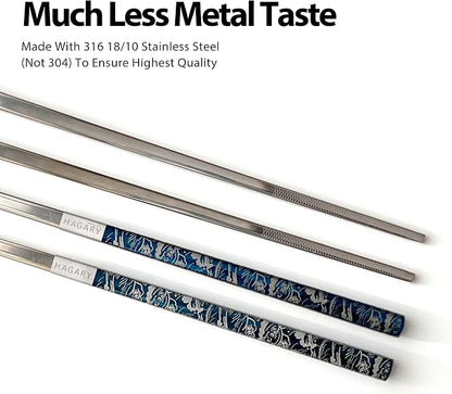 Hagary Blue Wave Chopsticks 2 Pairs Metal Chopsticks Reusable Designed In Korea Japanese Style Stainless Steel 316 18/10 Non-Slip Dishwasher Safe