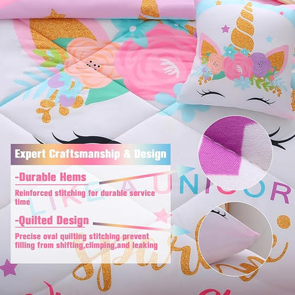 JQinHome Unicorn Full Bedding Sets for Girls Kids,8 Piece Bed in A Bag 3D Colorful Flower Girl Unicorn Comforter Set with Sheet Set(Sparkle)