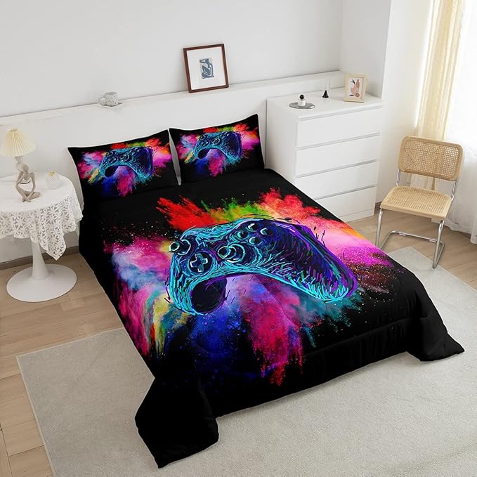 Erosebridal Boys Gaming Bed Comforter Set King Size,Kids Gamer Bedding Sets Girls,Colorful Tie Dye Video Game Quilt Comforter Navy Blue Gamepad Lightweight Bedding Set 1 Comforter with 2 Pillowcases
