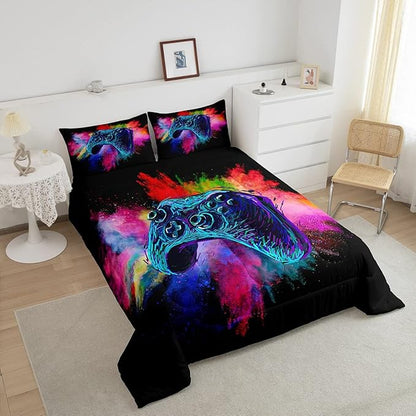 Erosebridal Teen Boys Gaming Full Size Comforter Sets Kids Gamer Bedding Set Girls Colorful Tie Dye Down Comforter Video Game Room Deocr Bed Set Navy Blue Gamepad Bedding Quilt with 2 Pillow Cases