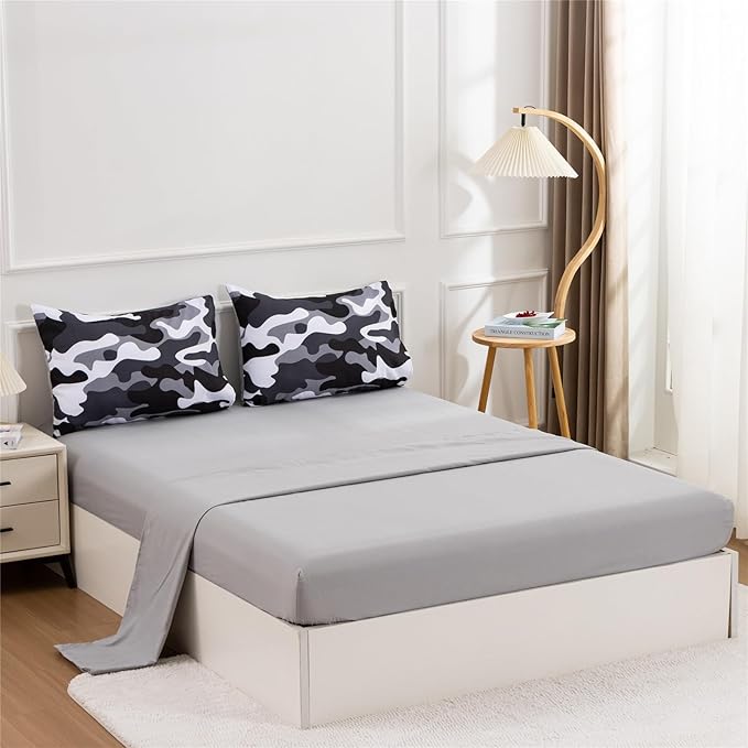 Meeting Story Camouflage Bedding Set, Colorful Pattern Style Comforter Set, 5 PCS One Comforter Two Pillowcases Two Sheets in One Bag, All Season Bedspread for Teens Adults (Grey,Queen5pcs