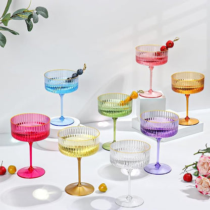 24 Pcs Ribbed Martini Glasses Plastic 10oz Champagne Martini Glasses Espresso Martini Glass Gold Rim Vintage Coupe Glass Margarita Glasses Disposable Clear Glassware Dessert Cup for Christmas New Year
