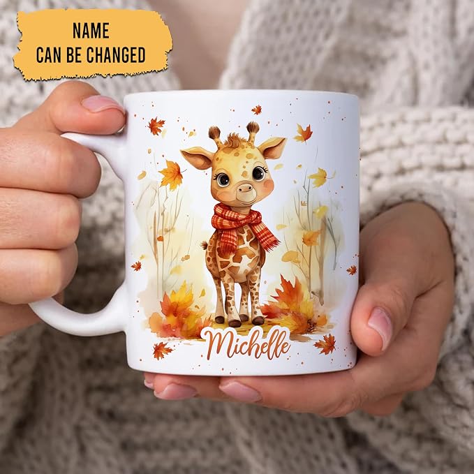 Hyturtle Personalized Fall Giraffe Maple Leaves Coffee Mug Gift on Birthday | Gifts For Giraffe Lovers - Fall Autumn Decor Gifts For Farmhouse Thanksgiving - Custom Name 11oz White Ceramic Coffee Tea Mug