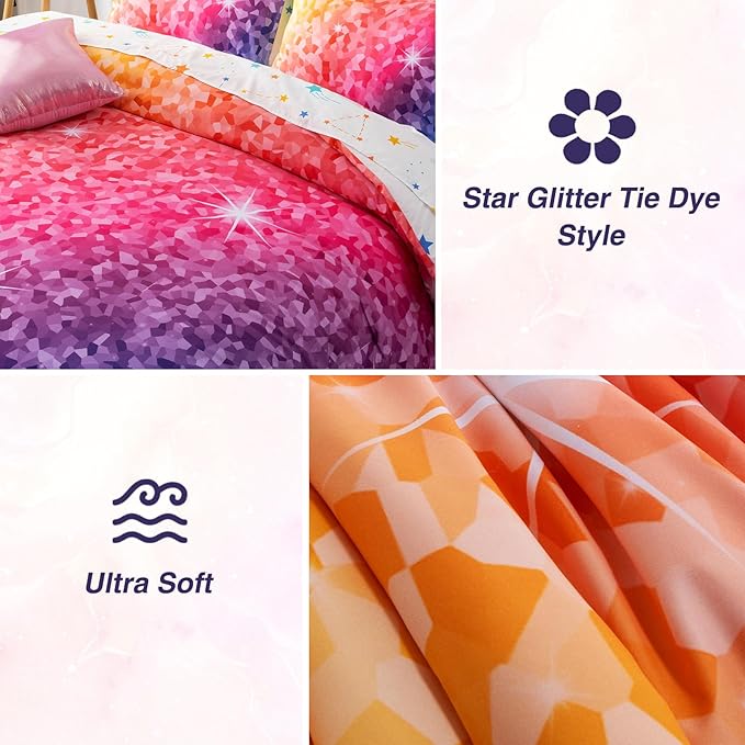 A Nice Night 6Pcs Gradient Abstract Art Grid Mosaic Geometric Bedding Set for Girls, Colorful Rainbow Galaxy Comforter Set, Ultra Soft Bedding Sets (PinkYellow,Twin 6Pcs)
