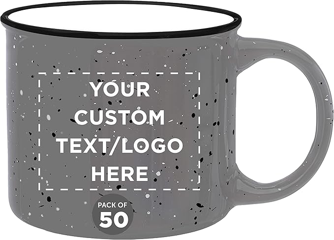 DISCOUNT PROMOS Custom Ceramic Campfire Coffee Mugs 13 oz. Set of 50, Personalized Bulk Pack - Perfect for Tea, Espresso, Cappuccino, Hot Cocoa - Grey