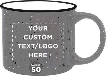 DISCOUNT PROMOS Custom Ceramic Campfire Coffee Mugs 13 oz. Set of 50, Personalized Bulk Pack - Perfect for Tea, Espresso, Cappuccino, Hot Cocoa - Grey