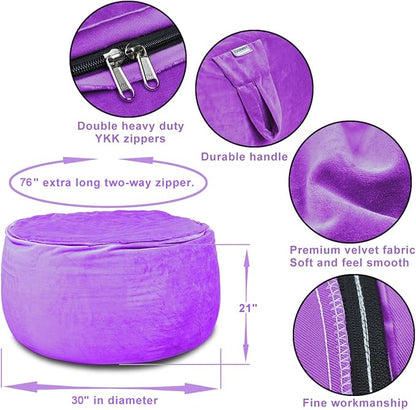 Bean Bag Chair Cover, Stuffed Animal Storage, Plush Toys Organizer Holder, Beanbag Chairs Cover for Kids Teans and Adults Super Soft and Comfortable Fabric X-Large with Handle and Zipper -Round Purple