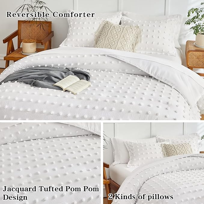 6 Pieces Tufted Dots Bed in a Bag Twin Comforter Set with Sheets White , Soft and Embroidery Shabby Chic Boho Bohemian Comforters, Solid Color with Pom Pom Design, Jacquard Tufts Bedding Set for Kids