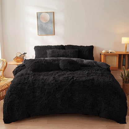 Fluffy black comforters Cover twin size - Ultra Soft Plush black bedding Sets 2 Pieces (1 faux fur comforter Cover + 1 fuzzy pillow case) girls shaggy black twin bed set (Black, Twin)